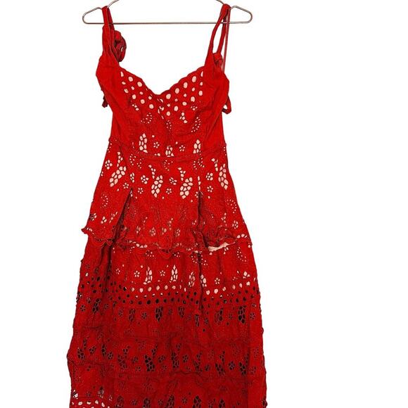 THREE FLOOR Damsel Sweetheart Burnt Orange Overlay Tie Shoulder Eyelet Dress 6 - Picture 5 of 13